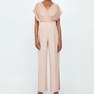 Zara Basic Lace Sheer Pale Pink Side Slit Pants Feminine‎ Fairy Jumpsuit Formal